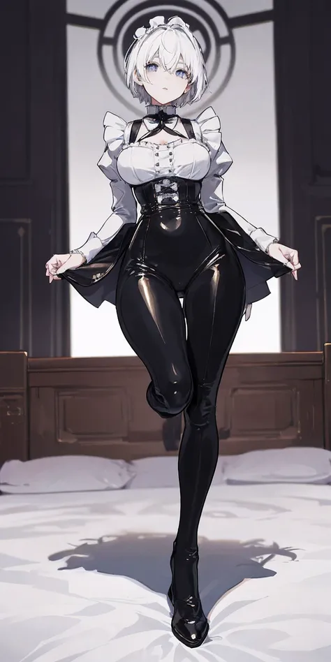 White hair , short hair, pinched eyes, (big-:1.5), Thin legs, thin body, leather collar, Maid outfit victorian, dynamic pose, full body, view from below, wide hips, kneel on the sheet in bed
