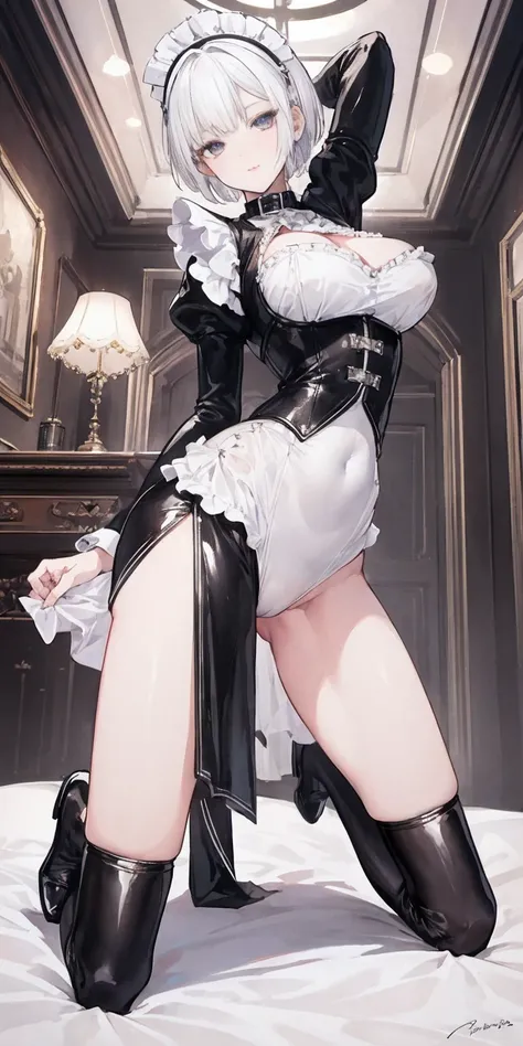 White hair , short hair, pinched eyes, (big-:1.5), Thin legs, thin body, leather collar, Maid outfit victorian, dynamic pose, full body, view from below, wide hips, kneel on the sheet in bed
