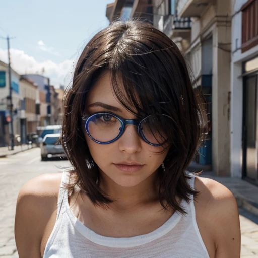 Mujer de ojos azules con lentes,cabello corto,usa short y tiene los pechos grandes