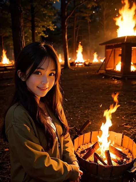 One cute girl around 30 years old、Fisheye、Wind、Unkempt hair、Nature、bonfire、bonfire background、camp、(Aesthetic/atmosphere 1.2)、smile、歯を見せてsmile、