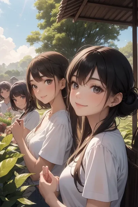 best quality,high-res,masterpiece:1.2,ultra-detailed,realistic,portrait,anime,five idols,five different outfits,agricultural style,detailed facial features,special and unique girls, vibrant colors,individuality,five girls in an agricultural setting, vibran...