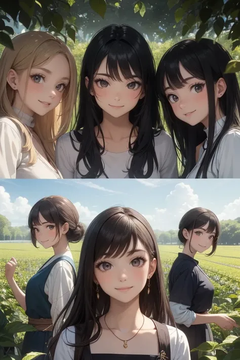 best quality,high-res,masterpiece:1.2,ultra-detailed,realistic,portrait,anime,five idols,five different outfits,agricultural style,detailed facial features,special and unique girls, vibrant colors,individuality,five girls in an agricultural setting, vibran...