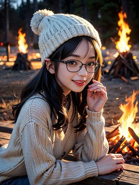 One cute girl around 30 years old、Fisheye、Wind、Unkempt hair、Nature、bonfire、bonfire background、camp、(Aesthetic/atmosphere 1.2)、Knitted hats、glasses on forehead、smile、歯を見せてsmile、