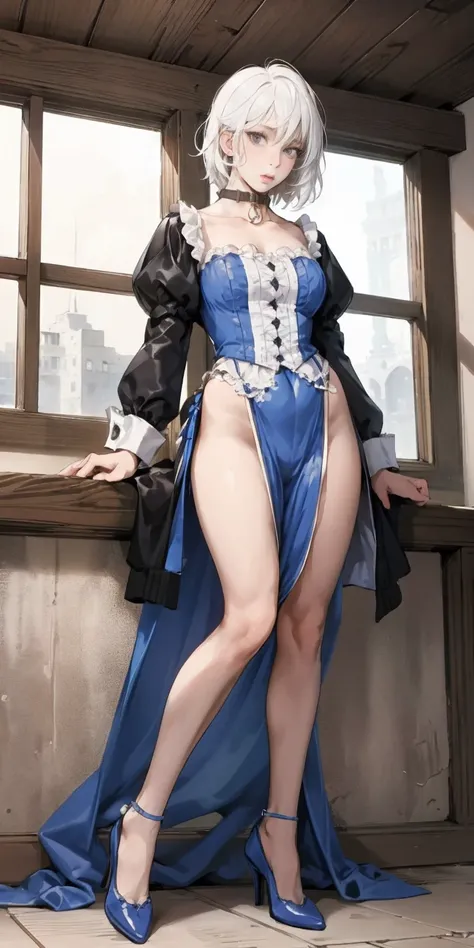 White hair , short hair, pinched eyes, (big-:1.5) , Thin legs, thin body, leather collar, Maid outfit victorian, dynamic pose, full body, View from below, wide hips, Kneeling