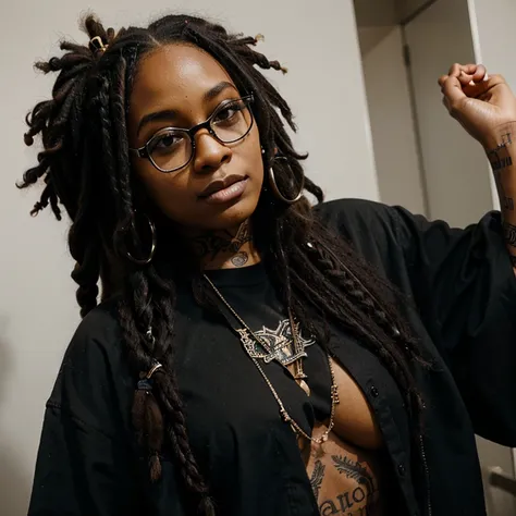 Beautifully soft young brown skinned black woman with long black dreads and glasses, dressed in an alt aesthetic, has facial piercings and tattoos, curvy