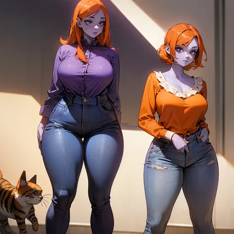 (((1 Woman))),(((Purple skin))),(((gray eyes))),(((Orange curt hair))),(((A scar on her cheek))) ,(Curvy body),(((Wearing jeans and a kitten blouse)))