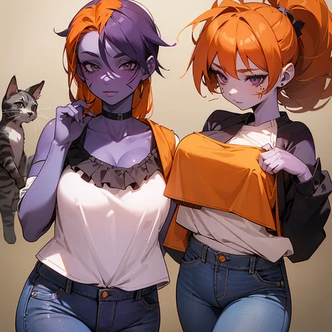 (((1 Woman))),(((Purple skin))),(((gray eyes))),(((Orange curt hair))),(((A scar on her cheek))) ,(Curvy body),(((Wearing jeans and a kitten blouse)))