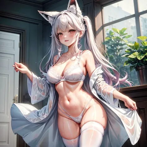 masterpiece、top-quality、1girl in。(bathrobe:1.2), white  hair,Red Eyes,(mare:0.8), (Fantastical:0.7), (A smile:0.8),fox ear,salon,wear bra, wear dress , wet clothes,wet hanging,salon, perfect body, perfect breast,((blush on: 1.2)),((fox-tails:1)), perfect b...