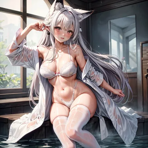 masterpiece、top-quality、1girl in。(bathrobe:1.2), white  hair,Red Eyes,(mare:0.8), (Fantastical:0.7), (A smile:0.8),fox ear,salon,wear bra, wear dress , wet clothes,wet hanging,salon, perfect body, perfect breast,((blush on: 1.2)),((fox-tails:1)), perfect b...