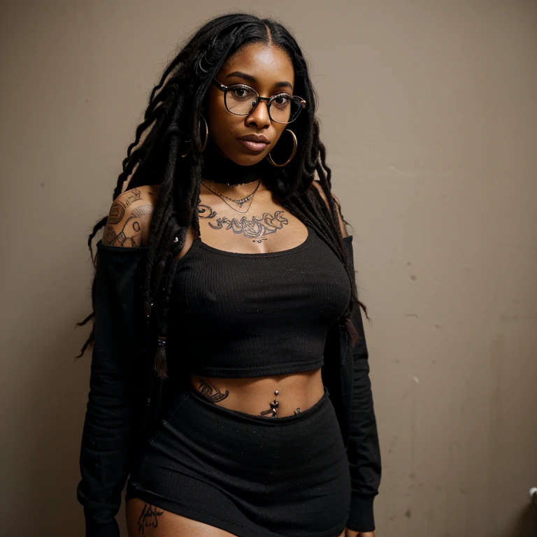 Beautifully soft young brown skinned black woman with long black dreads and glasses, dressed in an alt aesthetic, eyebrow and septum piercing and tattoos, curvy