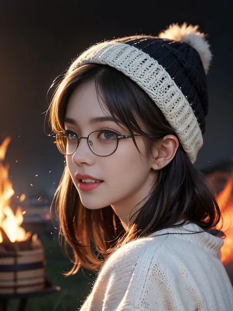 RAW, masterpiece, super fine photo, highest quality, ultra high resolution, photorealistic, one cute girl around 30 years old, fisheye, wind, messy hair, nature, bonfire, bonfire background, camping, (aesthetic/ Atmosphere 1.2), knitted hat, glasses on the...