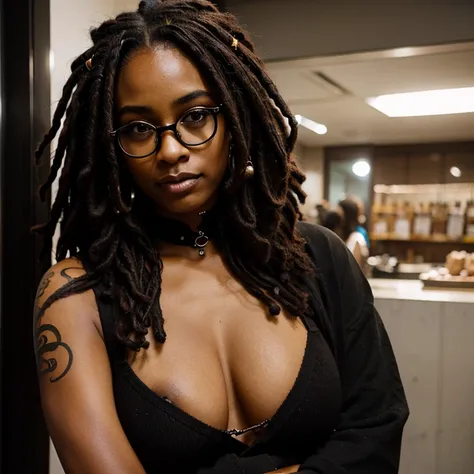 Beautifully soft young brown skinned black woman with black and brown dreads and glasses, dressed in an alt aesthetic, eyebrow and septum piercing and tattoos, curvy