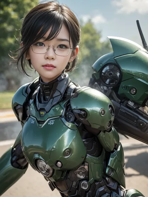 rough skin, Super detailed, advanced details, high quality, 最high quality, High resolution, 1080P, hard disk, beautiful,(War Machine),beautifulサイボーグの女性,Dark Green Mecha Cyborg Girl,In combat,Mecha body girl,、elementary school girl　　very short hair、sweaty b...