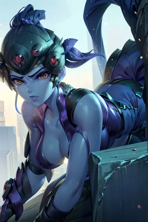 widowmaker, butt, tight bodysuit, seductive, thick thighs, realistic, best quality, masterpiece, ultra detail, ultra high res