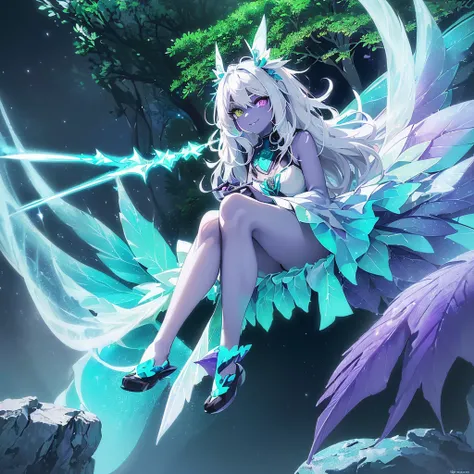 (((I want a fairy woman, with black skin, eyes with heterochromia, one being blue and the other green, high quality in the photo, sparkling colored wings, body with simple curves, white hair with a purple gradient, holding a wand with magic, sitting on a r...