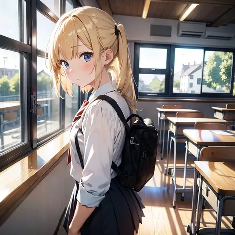 blonde hair, looking back, shy, school uniform, (1 girl)+++,  masterpiece, best quality, ultra detailed, ultra high res, ultra detailed, best aesthetic, 16k, classroom