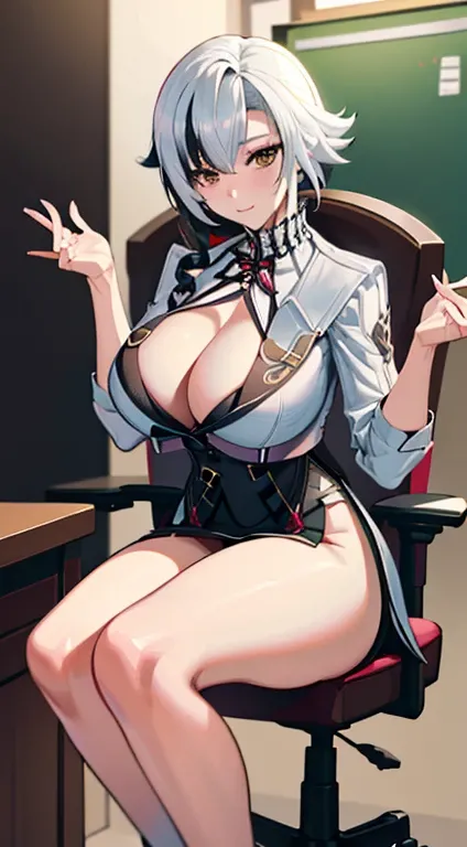 NSFW, arlecchino, arlecchino from genshin impact, office lady, big tits, office background, white shirt, short skirt, stocking, full body, sitting on the chair,