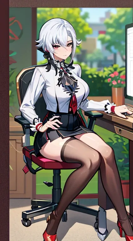 NSFW, arlecchino, arlecchino from genshin impact, office lady, big tits, office background, white shirt, short skirt, stocking, full body, sitting on the chair,