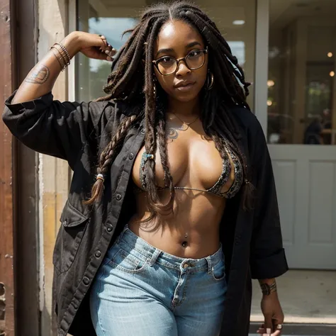 Beautiful and soft young brown skin black woman with dreads and glasses, curvy. Dressed in alt aesthetic and hippie. Has tattoos and facial piercings 