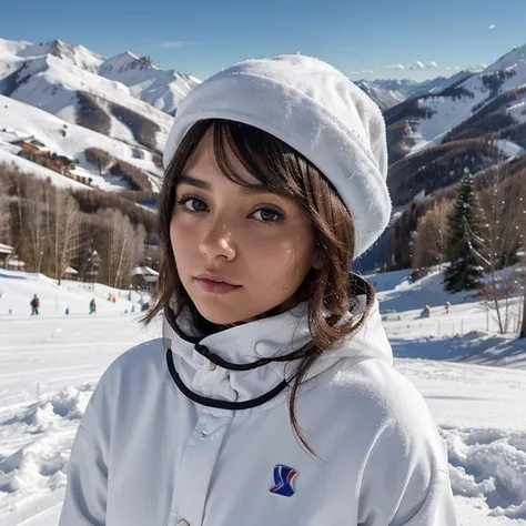 Describe una escena en la que una mujer morena, con una figura voluptuosa, viste con ropa de nieve, in the background a ski slope in the French Pyrenees, Explora sus emociones, el entorno y cualquier elemento que destaque la belleza y la calma del momento.