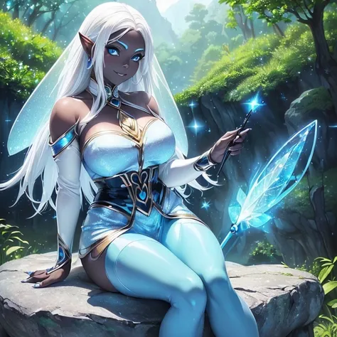 (((I want a fairy woman, with black skin, Detailed blue eyes, sparkling colored wings, body with simple curves, white hair gradient, holding a wand with magic, sitting on a rock surrounded by nature, sweet smile and beautiful clothes)))