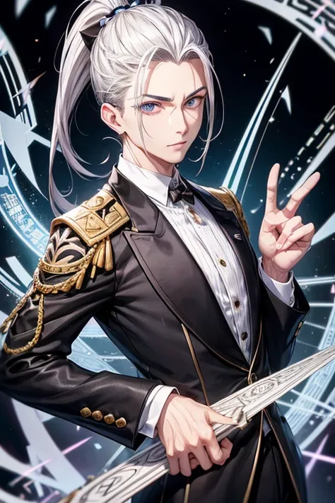 back magic circle、odd eye 、hair style with all hair slicked back、odd eye、odd eye、silver hair all back、male、hair is long to the shoulders、odd eye、maleの左目赤色、male右目青、increase wide angle、clear eyes、black gold suit