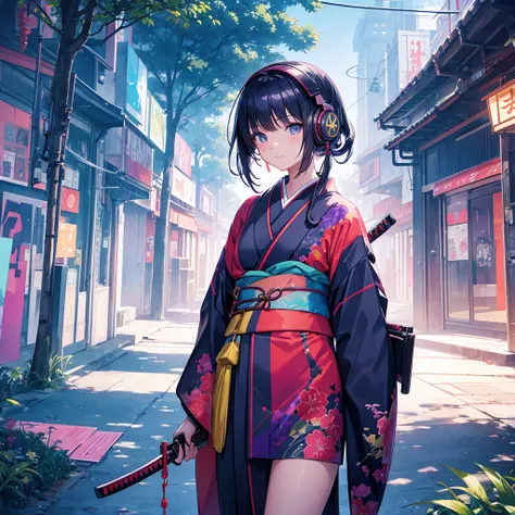 Cyber world landscape, colorful kimono, one girl, headphones, (with weapons, katana, buki), photorealistic, sparkling, telekinetic,