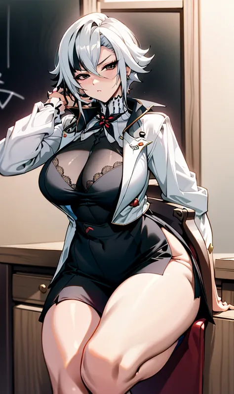 NSFW, arlecchino, arlecchino from genshin impact, office lady, big tits, cool girl, a quiet and serious girl, badass, firm expression, sexy model pose, office background, white shirt, short skirt, black stocking, full body, sitting on the chair