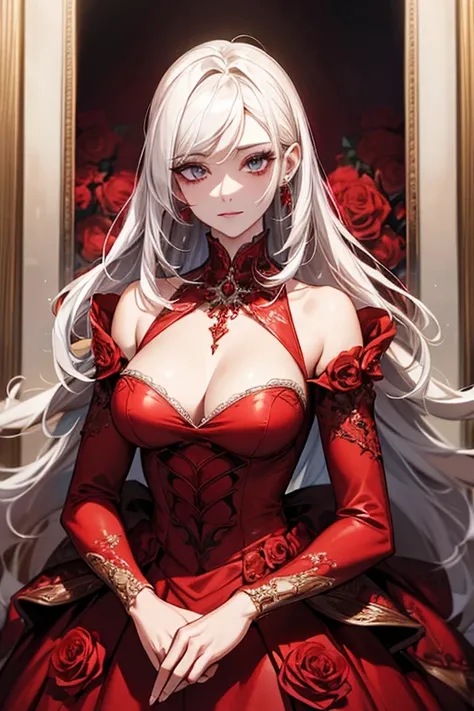 a close up of a woman in a red dress with roses, extravagant dress, 8k highly detailed ❤🔥 🔥 💀 🤖 🚀, dressed beautiful gown, wearing a wonderful dress, red dress, detailed dress and face, all red, beautiful gown, gown, elegant red dress, red, wearing a wonde...