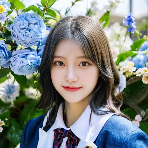 ((highest quality)), ((masterpiece)), (be familiar with), perfect face photo real, 18 years old, bright eyes, big eyes, high nose, (eye color is blue:1.3), white skin, Look at me and smile, short bob, blazer uniform, (Large flower hair ornament:1.3), full ...