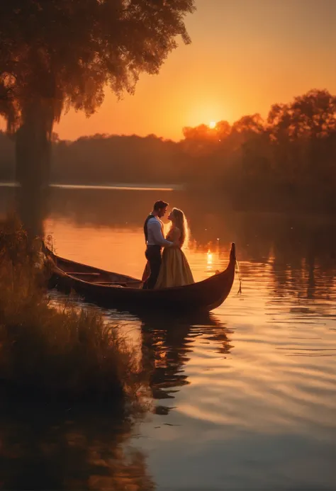 Rapunzel with her boyfriend by the lake, Realistic, ultra-detailed sunset lighting, cenario grama com girassol, borboletas voando
