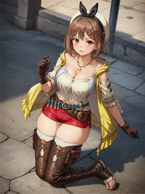 kneeling pose, riser, 1 girl, alone, ((blush:1.2)), shorts, gloves, belt bag, have, head ribbon, jewelry, 赤いshorts, brown hair, thighs thighs thighs, short shorts, bridal legwear, necklace, brown eyes, single glove, hair ornaments, Barrette, star necklace,...