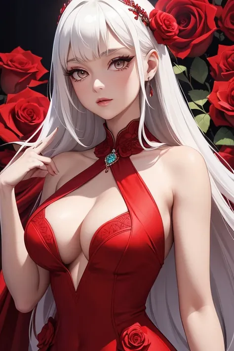 a close up of a woman in a red dress with roses, extravagant dress, 8k highly detailed ❤🔥 🔥 💀 🤖 🚀, dressed beautiful gown, wearing a wonderful dress, red dress, detailed dress and face, all red, beautiful gown, gown, elegant red dress, red, wearing a wonde...