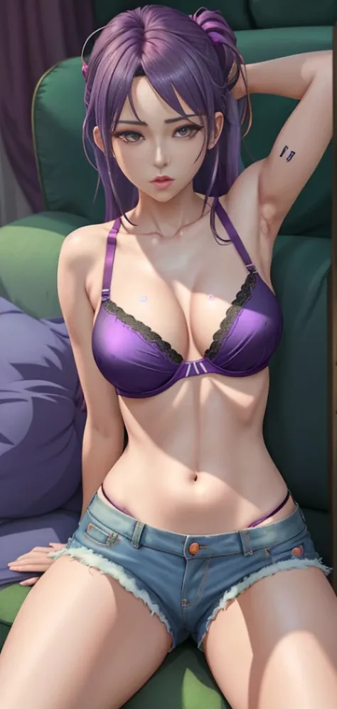 anime girl in a purple bra top and denim shorts sitting on a green couch, seductive anime girl, realistic bikini, [ 4 k photorealism ]!!, 3 d anime realistic, realistic anime 3 d style, [ 4 k photorealism ]!!!, smooth anime cg art, photorealistic anime gir...