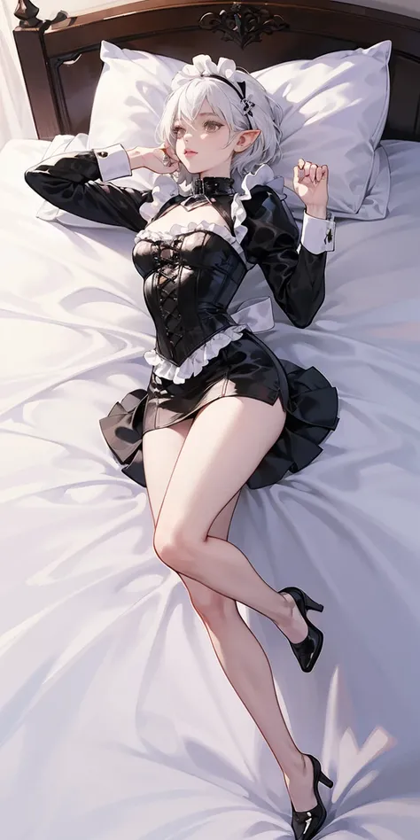 White hair , short hair, pinched eyes, (big-:1.5), Thin legs, thin body, leather collar, Maid outfit victorian, dynamic pose, full body, view from below, wide hips, kneel on the sheet in bed. purple skin, drow elf
