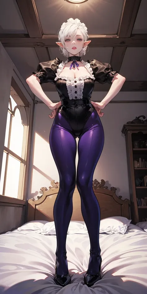 White hair , short hair, pinched eyes, (big-:1.5), Thin legs, thin body, leather collar, Maid outfit victorian, dynamic pose, full body, view from below, wide hips, kneel on the sheet in bed. purple skin, drow elf
