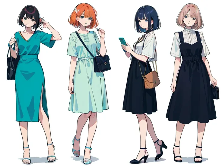 (((Best Quality))) , 4 women, multiple views, white background, variety of hairstyles, variety of fashion styles, holding bag, walk pose, holding smart phone, looking at another, dark blue/dark orange/dark green/dark violet/brown/white, feet out of frame,
