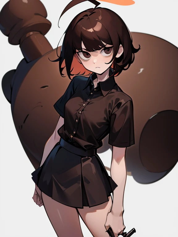 ((masterpiece, best quality)), (1girl), (solo), (female focus), (ahoge, brown hair, short hair), black eyes, ((black shirt), (buttoned shirt)), ((black skirt), (short skirt)), standing, white background, arm holding kuromi