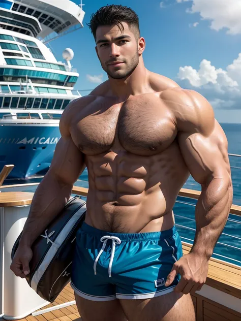 8k，8K resolution，2 Muscular Europeans, handsome man，charming eyes，rough real skin,beautiful, smooth and shiny，Full muscles，Thick body hair， (Wearing fashionable swimming trunks)，big bag，emphasize，(On top of the cruise ship)，Two men smiling happily，On top o...