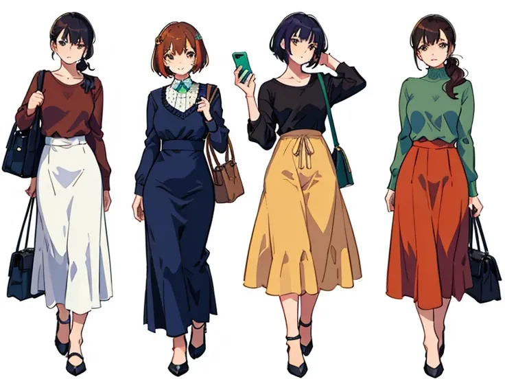 (((Best Quality))) , 4 women, multiple views, white background, variety of hairstyles, autumn outfits, holding bag, walk pose, holding smart phone, looking at another, dark blue/dark orange/dark green/dark violet/brown/white, 
