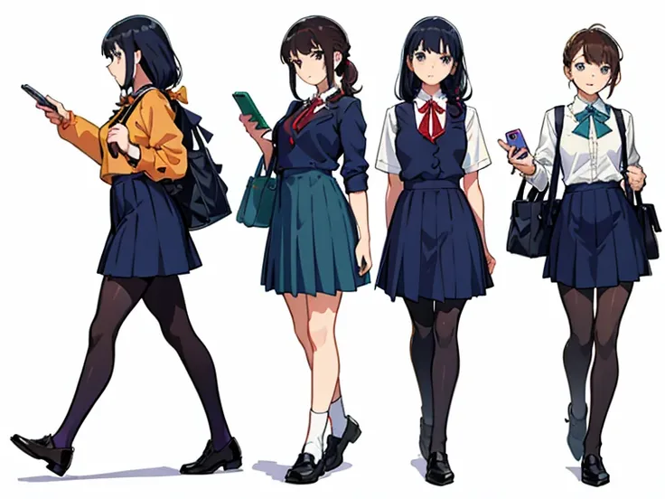 (((Best Quality))) , 4 women, multiple views, white background, variety of hairstyles, school uniform, holding bag, walk pose, holding smart phone, looking at another, dark blue/dark orange/dark green/dark violet/brown/white, 
