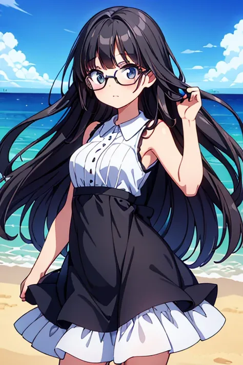 Beautiful girl in her early teens with long black hair and glasses wearing a pure white sleeveless dress, frolicking on a beach, shame, glasses, standing, armpit, top quality, very detailed, animated illustration
