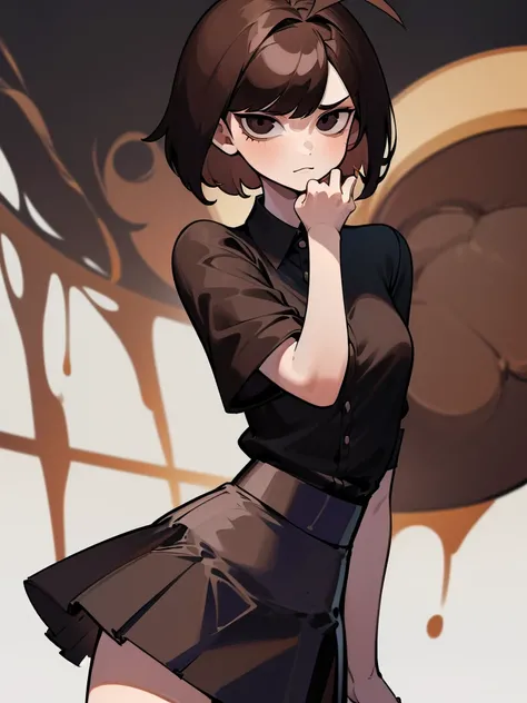 ((masterpiece, best quality)), (1girl), (solo), (female focus), (ahoge, brown hair, short detailed hair), black eyes, ((black shirt), (buttoned shirt)), ((black skirt), (short skirt)), standing, white background, arm holding kuromi