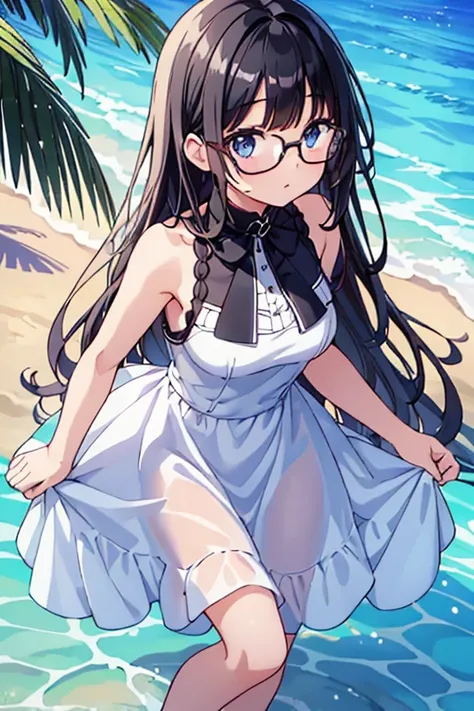 A beautiful black-haired girl in her early teens wearing a pure white sleeveless dress.、frolicking on the sandy beach、long hair、shyness、Glasses、standing position、Homan bust、armpit、highest quality、very detailed、anime illustration