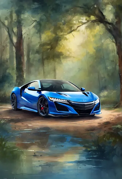 realistic (honda nsx| |) Blue metallic body with carbon bonnet, in the park in front of my house、break，With sexy Hatsune Miku sitting next to the hood，master piece