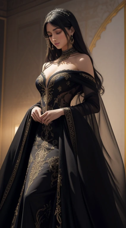 A mesmerizing full-length image of a luxurious $1000 dress, rendered in hyperrealistic style, by renowned artists such as Iain McC월lstoir or Gregoire Manz, set against a soft, velvety black backdrop, exuding an aura of elegance and opulence. The intricate ...