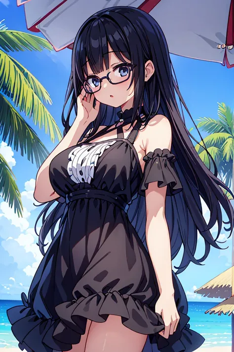 A beautiful black-haired girl in her early teens wearing a pure white sleeveless dress.、frolicking on the sandy beach、long hair、shyness、Glasses、standing position、Beautiful breasts that are about to burst、armpit、highest quality、very detailed、anime illustrat...