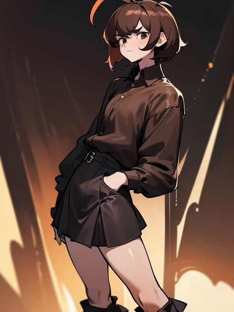 ((masterpiece, best quality)), (1girl and 1boy), (female focus), (ahoge, brown hair, short detailed hair), black eyes, ((black shirt), (buttoned shirt)), ((black skirt), (short skirt)), standing,. sharp looks, long -medium hair length, tall , sharp eyes, (...