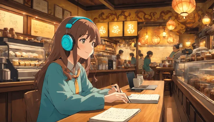 (longshot), wideshot, (film noise), (coffee shop 1.3), cozy chilled coffee shop, (masterpiece, highest quality, highest quality, official art, beautiful and aesthetic: 1.2), (woman smiling, listening to music with 1 headphones and working on her laptop com...