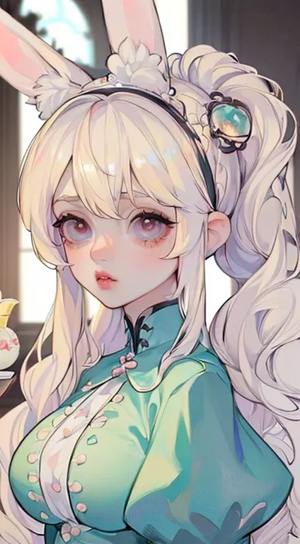 ((Best quality)), (ultra detailed), ((extremely detailed)), (Beautiful), ((Kawaii girl)),(hair up on both sides)、((table)),Platinum Blonde Hair,long hair, hair between eyes, Wavy hair, Long sideburns,Jade eyes, White skin,Colossal tits、bunny ears,slender b...